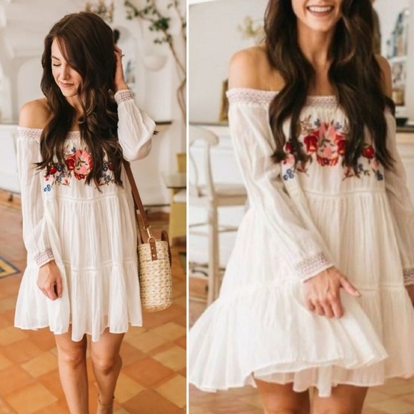 Free People Dresses & Skirts - FREE PEOPLE Sunbeams White Embroidered Off the Shoulder Mini Dress Large